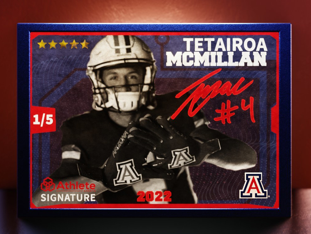 University of Arizona 5-Star WR Tetairoa McMillan is featured in a signature NFT. | Image courtesy of Athlete Assets