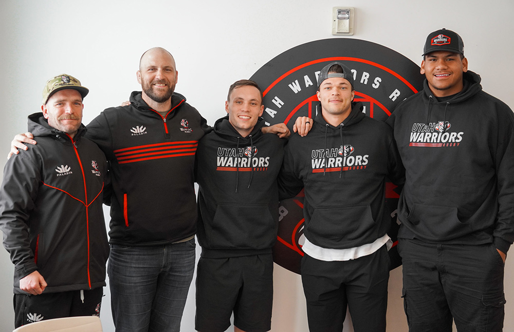 The Utah Warriors professional rugby team creates NIL partnerships with Jaren Hall, Chaz Ah You, and Kingsley Suamataia (all from BYU), and with Britain Covey (Utah) | Photo courtesy of the Utah Warriors