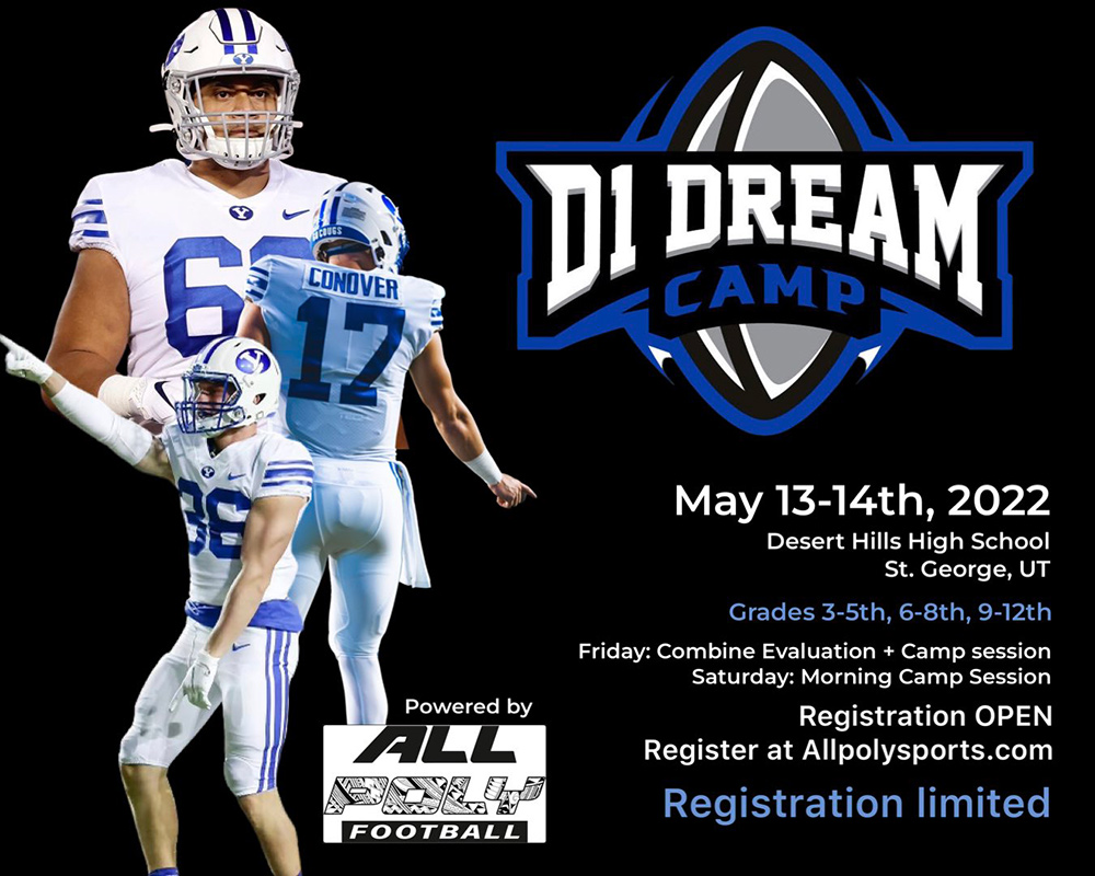 BYU Football players combine talents to create a skills camp for young athletes. The "D1 Dream Camp" will take place on May 13 and 14, 2022. | Image courtesy of the D1 Dream Camp