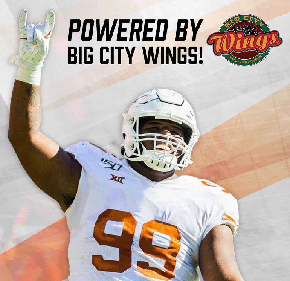 Texas Football's Keondre Coburn gets an NIL partnership with Big City Wings. | Image courtesy of Big City Wings