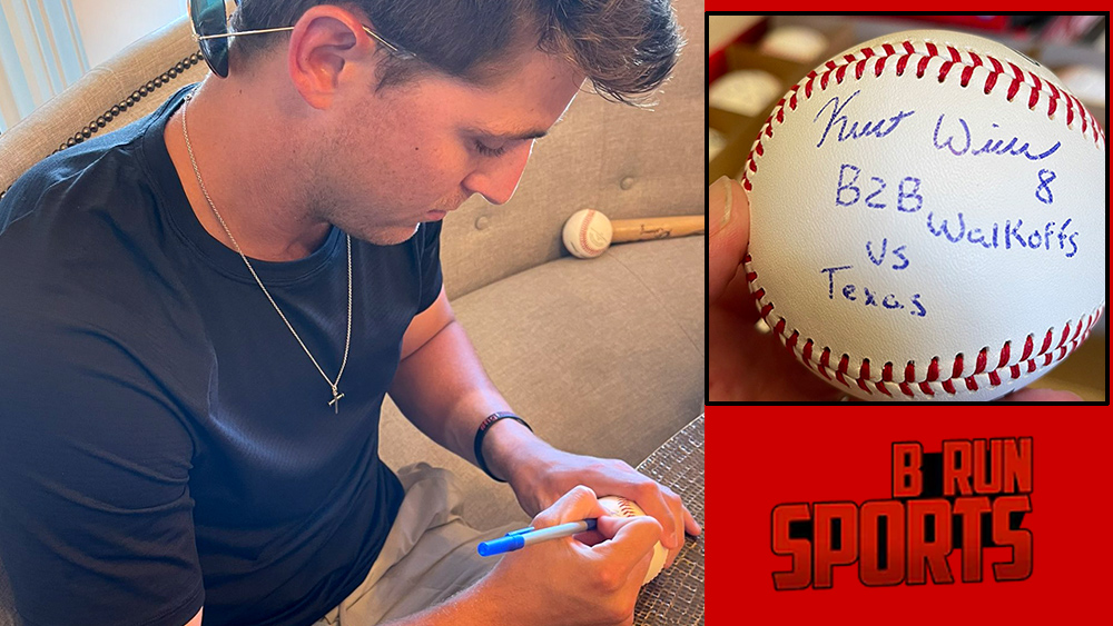 Texas Tech Baseball pitcher Kurt Wilson signs commemorative baseballs as a part of an NIL deal with B Run Sports. | Photos courtesy of B Run Sports