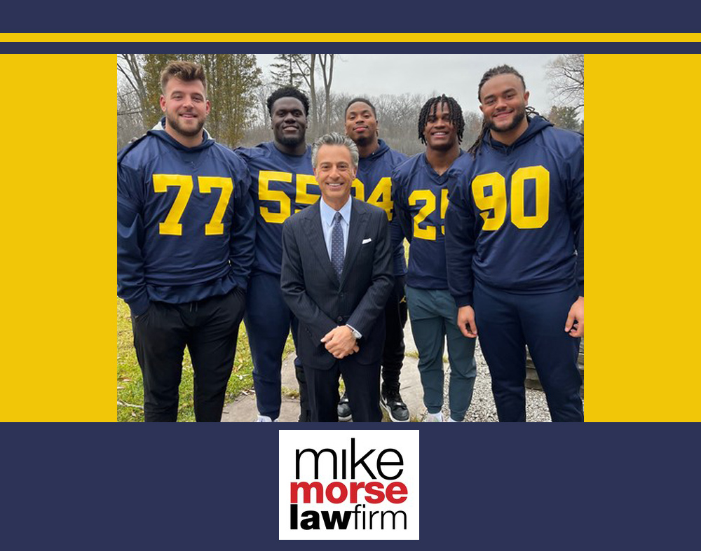 Mike Morse Law Firm expands its NIL partnerships with University of Michigan Football student-athletes. The athlete promotional partners now include Trevor Keegan, Olusegun Oluwatimi, Kris Jenkins, Junior Colson and Mike Morris. | Photo courtesy of Mike Morse Law Firm