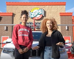 Arkansas Women's Basketball player Jersey Wolfenbarger (left) is the latest student-athlete to be featured in an episode of ZIPS Car Wash's "Car Wash Convos™." In the video, former Arkansas Track athlete Taliyah Brooks interviews Wolfenbarger. | Image courtesy of ZIPS Car Wash